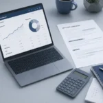 Affiliate dashboard and contract on a desk representing an evaluation of a casino partner program's commission and payment terms