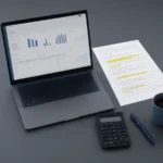 Affiliate marketer comparing revenue share and CPA commission terms on a dashboard and printed contract